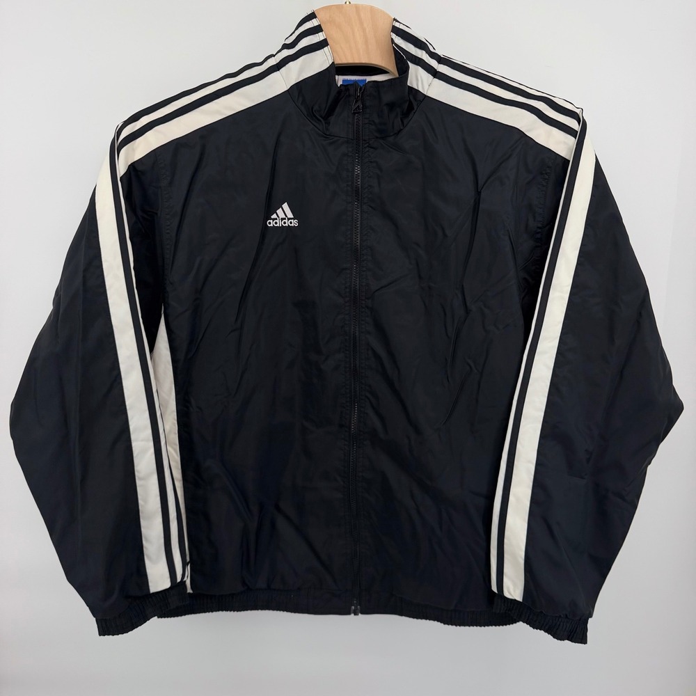 Vintage Adidas Team Nylon Track Jacket Full Zip Black White Mens XL 3 Stripe 01 - Picture 1 of 6